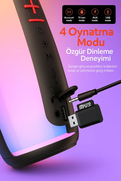 MY BLACK Bluetooth Hoparlör  USB  AUX  TF Kart Desteği Renkli LED Işık Efektli Taşınabilir Ses Bombası