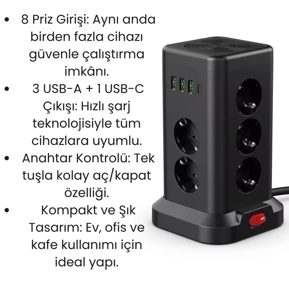 8’li Akım Korumalı Çoklu Priz Kulesi 3 USB-A 1 Type-C Çıkışlı, Anahtarlı, Hızlı Şarj Destekli