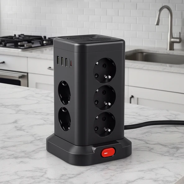 8’li Akım Korumalı Çoklu Priz Kulesi 3 USB-A 1 Type-C Çıkışlı, Anahtarlı, Hızlı Şarj Destekli - 3