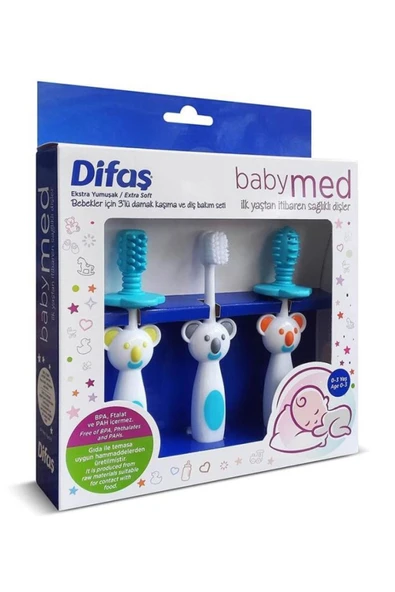 Difaş Babymed 3lü Damak Kaşıma ve Diş Bakım Seti Mavi