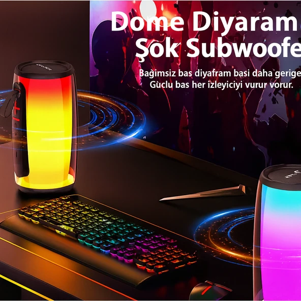 MY BLACK Bluetooth Hoparlör  USB  AUX  TF Kart Desteği Renkli LED Işık Efektli Taşınabilir Ses Bombası - 5
