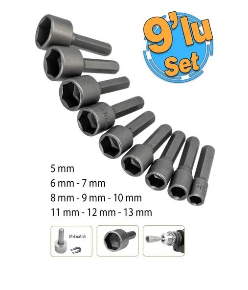 Manyetik Mıknatıslı 5 6 7 8 9 10 11 12 13 mm Somun Civata Adaptör Seti CRV Metal Matkap Uyumlu Uç - 2