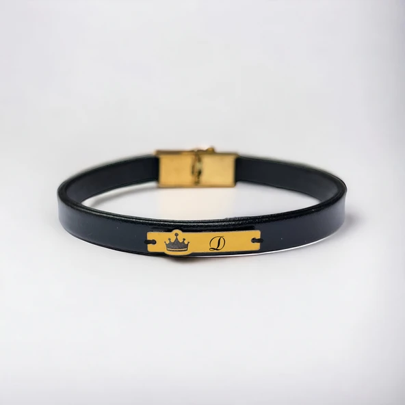 14 Ayar Altın Plakalı Harfe Özel Doğal Siyah Derili Taç Motifli Hediye Bileklik-569 ürün görseli