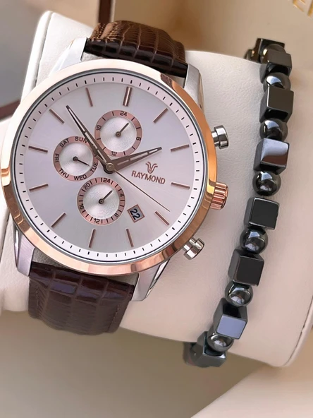 Raymond Nişan Ve Damatlara Özel Deri Kordon 2 Yıl Garantili 5 Atm Erkek Kol Saati+Bileklik RMD.43 ürün görseli