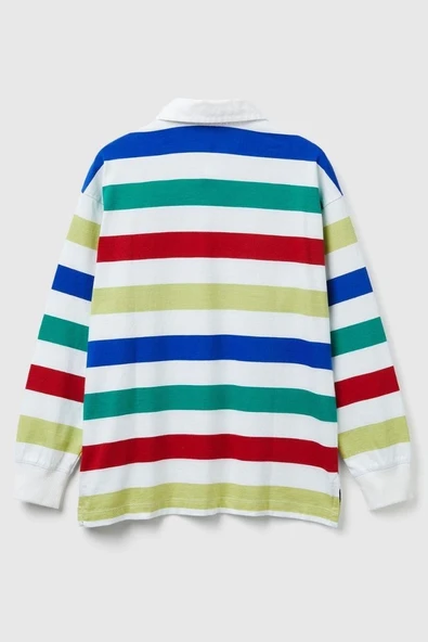 United Colors of Benetton Erkek Çocuk 33CKC301X-25K Çizgili Uzun Kollu Polo Tshirt Beyaz - Resim 2