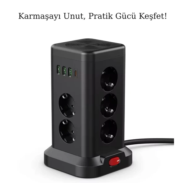 8’li Akım Korumalı Çoklu Priz Kulesi 3 USB-A 1 Type-C Çıkışlı, Anahtarlı, Hızlı Şarj Destekli - 2