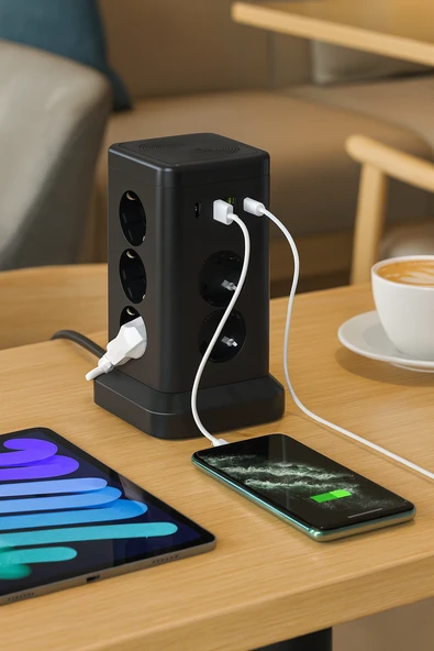 8’li Akım Korumalı Çoklu Priz Kulesi 3 USB-A 1 Type-C Çıkışlı, Anahtarlı, Hızlı Şarj Destekli - 4