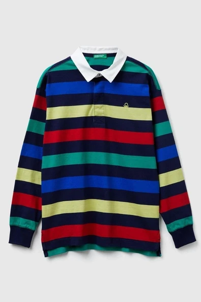 United Colors of Benetton Erkek Çocuk 33CKC301X-25K Çizgili Uzun Kollu Polo Tshirt Lacivert ürün görseli 1