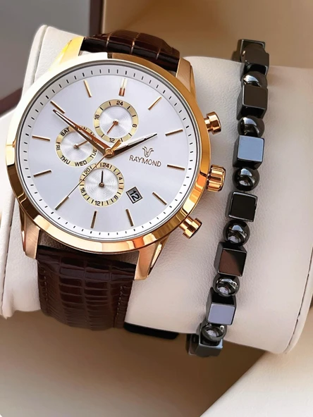 Raymond Nişan Ve Damatlara Özel Deri Kordon 2 Yıl Garantili 5 Atm Erkek Kol Saati+Bileklik RMD.44 ürün görseli