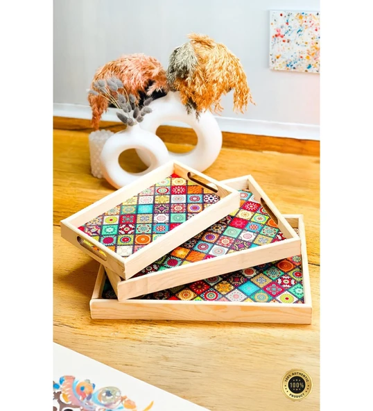 Tahta Desenli tepsiler 3'lü Set - 1