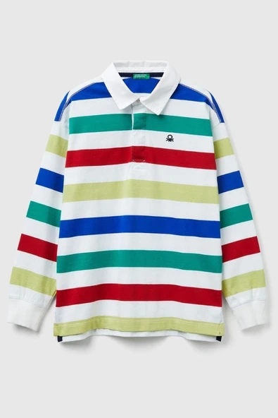 United Colors of Benetton Erkek Çocuk 33CKC301X-25K Çizgili Uzun Kollu Polo Tshirt Beyaz ürün görseli 1