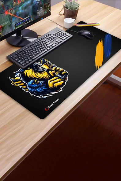 SonicTouch Kupa Avcısı Kanarya Sarı Lacivert Dikişsiz Pürüzsüz Sıvı Geçirmez XXL Gamer Klavye Mousepad 40x90cm - Resim 3