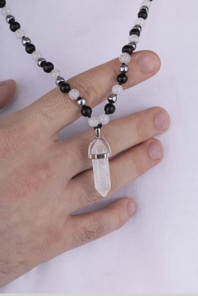 Gümüş Pazarım Oniks ve Tibet Akik Taşları Doğal Taş Erkek Kolye