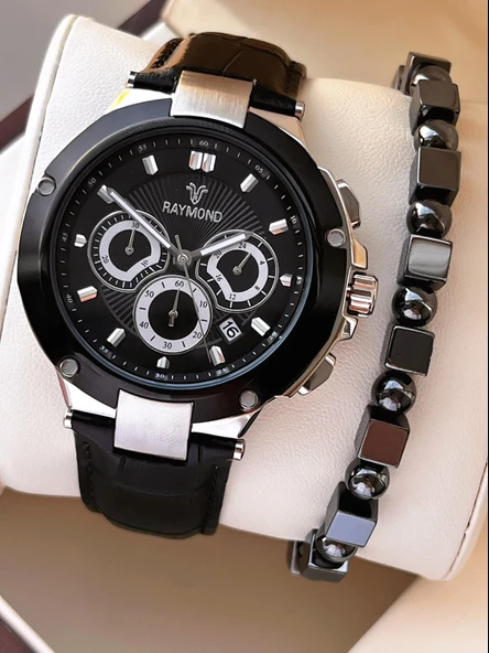 Raymond Nişan Ve Damatlara Özel Deri Kordon 2 Yıl Garantili 5 Atm Erkek Kol Saati+Bileklik RMD.46 ürün görseli