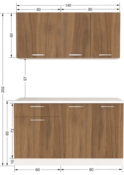 T Designo Inci Hazır Mutfak Dolabı 140 cm - Tezgah Dahil - Ceviz - Resim 3