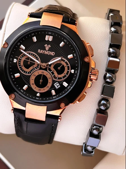 Raymond Nişan Ve Damatlara Özel Deri Kordon 2 Yıl Garantili 5 Atm Erkek Kol Saati+Bileklik RMD.45 ürün görseli