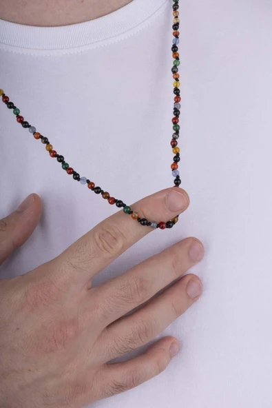 Gümüş Pazarım Karışık Doğal Taş Çakra Erkek Doğal Taş Kolye ürün görseli 1