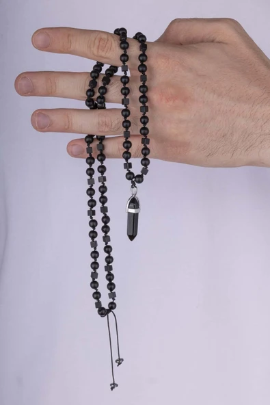 Gümüş Pazarım Oniks Taşlı Yuvarlak Kare Kesim Doğal Taş Erkek Kolye - Resim 3