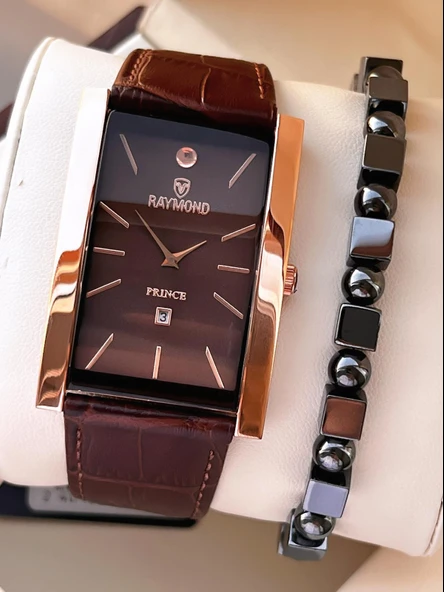 Raymond Nişan Ve Damatlara Özel Deri Kordon 2 Yıl Garantili 5 Atm Erkek Kol Saati+Bileklik RMD.49 ürün görseli