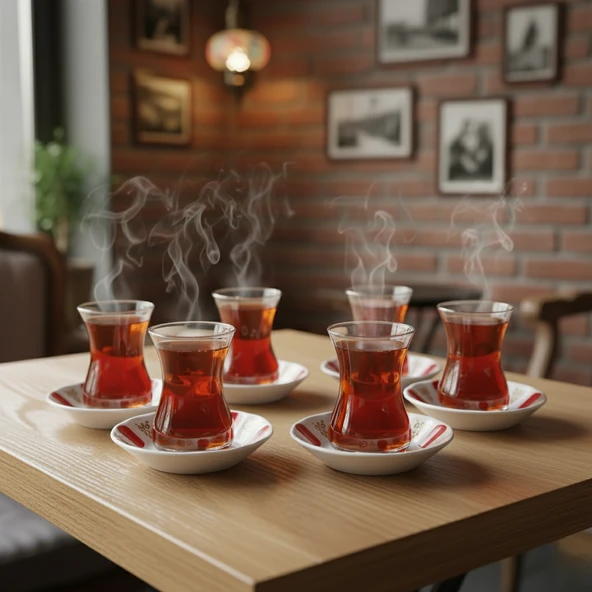 Paşabahçe 6'lı Çay Bardağı 130cc ve Porland Porselen 6'lı Çay Tabağı Set (Kolye,Küpe Hediyeli) - 4