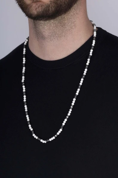 Gümüş Pazarım Sedef Hematit Yuvarlak Kesim Doğal Taş Erkek Kolye - Resim 3