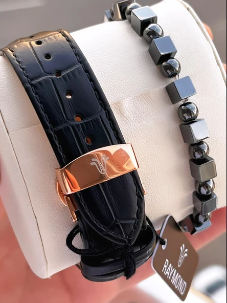 Raymond Nişan Ve Damatlara Özel Deri Kordon 2 Yıl Garantili 5 Atm Erkek Kol Saati+Bileklik RMD.45 - Resim 5