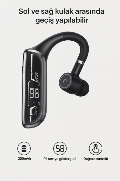 MY BLACK  Tekli 200mAh Dijital Ekranlı Bluetooth V5.3 Kulaklık - 2