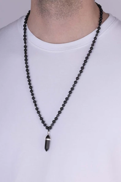 Gümüş Pazarım Oniks Taşlı Yuvarlak Kare Kesim Doğal Taş Erkek Kolye - Resim 2