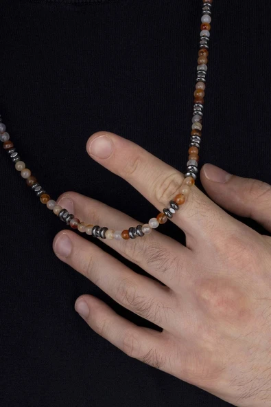 Gümüş Pazarım Hematit Taşı ve Akik Taşı Doğal Taş Erkek Kolye ürün görseli 1