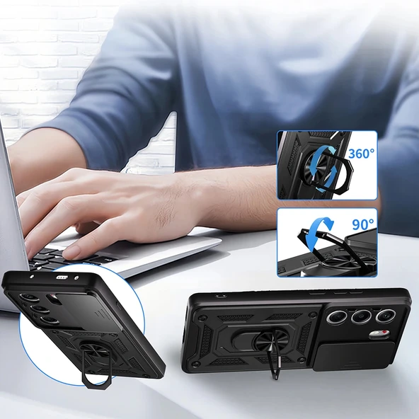 Tecno Camon 40 Pro Kılıf Magnetik Standlı Kamera Korumalı Zore Sürgülü Vega Kapak - 3