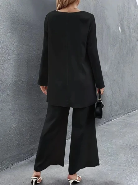 Kadın Uzun Kollu Asimetrik Detaylı Salaş Sandy Bluz Ve Pantolon Ikili Takım - Resim 2