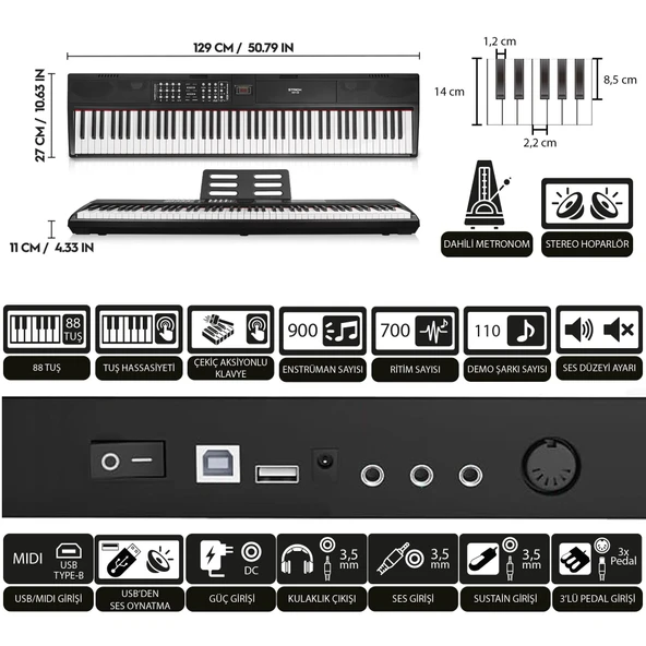 Jwin Sapphire SDP-112 Çekiç Aksiyonlu 88 Tuşlu Dijital Piyano Kulaklık Taşıma Çantası Hediyeli - 5