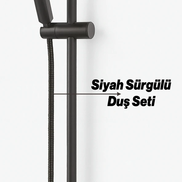 Sürgülü Duş Seti Siyah Kare Başlıklı Düğmeli El Duşu Hortumu Tutacağıyla Modern Lüks Banyo Takımı - Resim 2