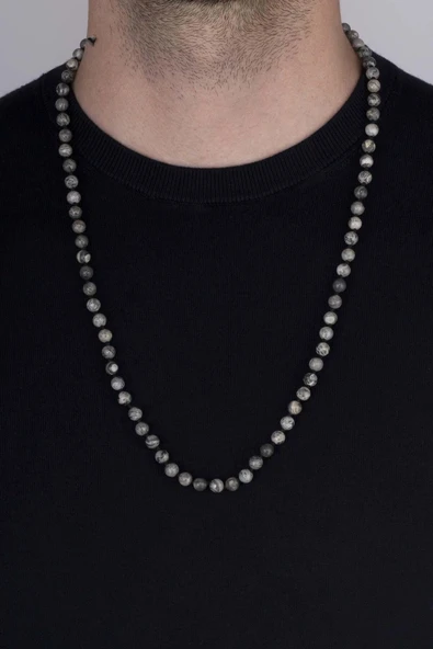 Gümüş Pazarım Yuvarlak Kesim Jasper Taşı Doğal Taş Erkek Kolye - 2