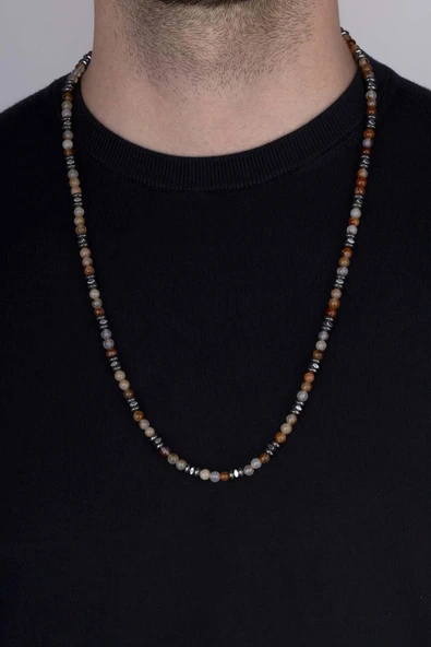 Gümüş Pazarım Hematit Taşı ve Akik Taşı Doğal Taş Erkek Kolye - Resim 2