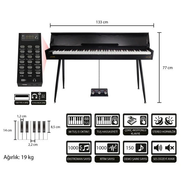 Jwin Sapphire SDP-115 Çekiç Aksiyonlu 88 Tuşlu Dijital Piyano - Siyah - 3