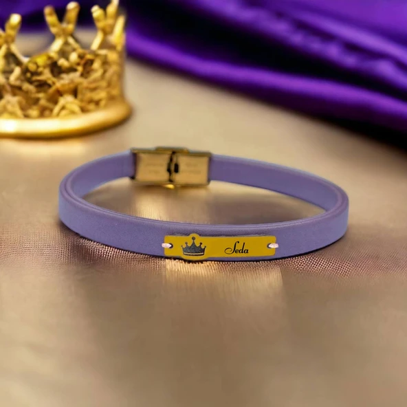 14 Ayar Altın Plakalı İsme Özel Taç Motifli Doğal Mor Derili Hediye Bileklik-571 ürün görseli