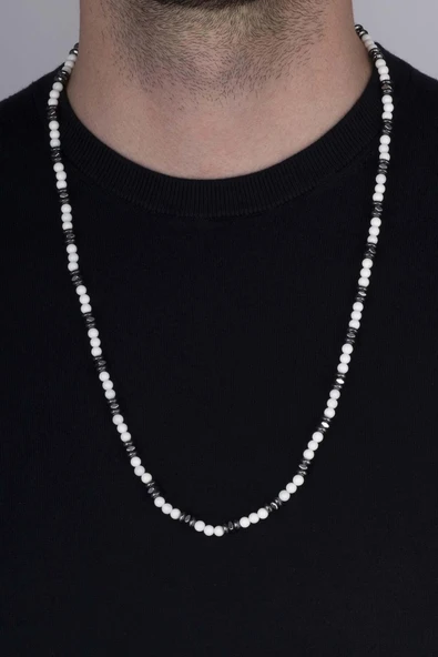 Gümüş Pazarım Sedef Hematit Yuvarlak Kesim Doğal Taş Erkek Kolye - Resim 2