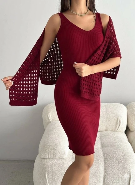 Kadın Uzun Kollu Delikli Kazak Askılı Elbise Triko Ikili Takım - 4