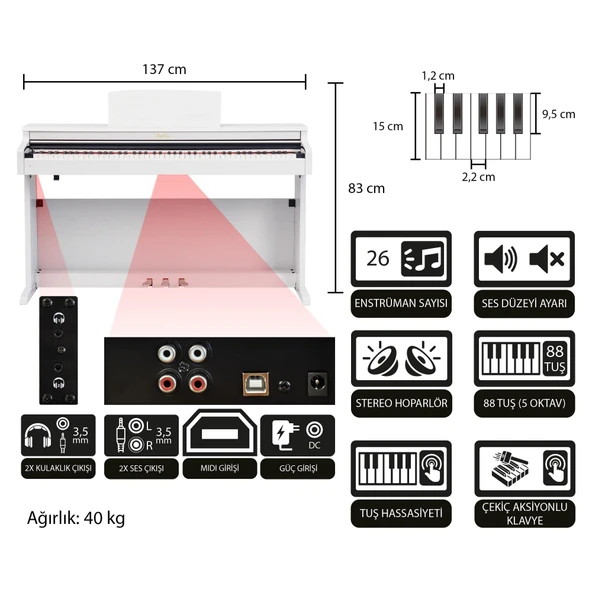 Jwin Sapphire SDP-400 Çekiç Aksiyonlu 88 Tuşlu Dijital Piyano - Beyaz - 2