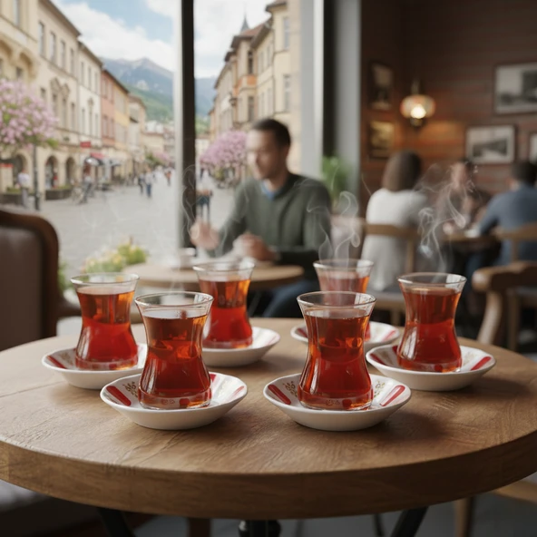 Paşabahçe 6'lı Çay Bardağı 130cc ve Porland Porselen 6'lı Çay Tabağı Set (Kolye,Küpe Hediyeli)