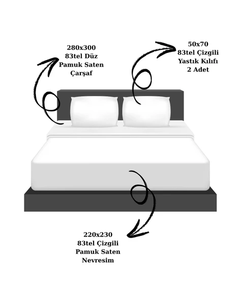 Nivora Çizgili Pamuk Saten Nevresim Takımı | Çift Kişilik Premium | 83 Tel Otel Serisi | King Size 220x230 - 2