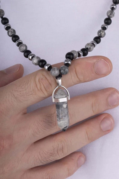 Gümüş Pazarım Oniks ve Jasper Taşı Doğal Taş Erkek Kolye