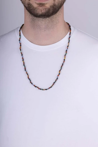 Gümüş Pazarım Karışık Doğal Taş Çakra Erkek Doğal Taş Kolye - Resim 2