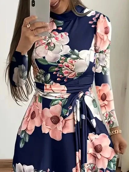 Kadın Uzun Kollu Yuvarlak Yakalı Beli Kuşaklı Desenli Süprem Uzun Elbise - 2