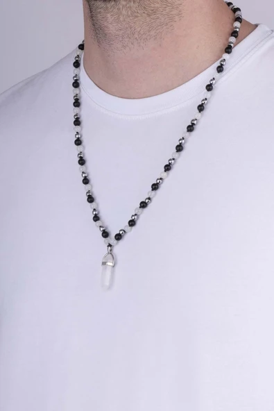 Gümüş Pazarım Oniks ve Tibet Akik Taşları Doğal Taş Erkek Kolye - 2