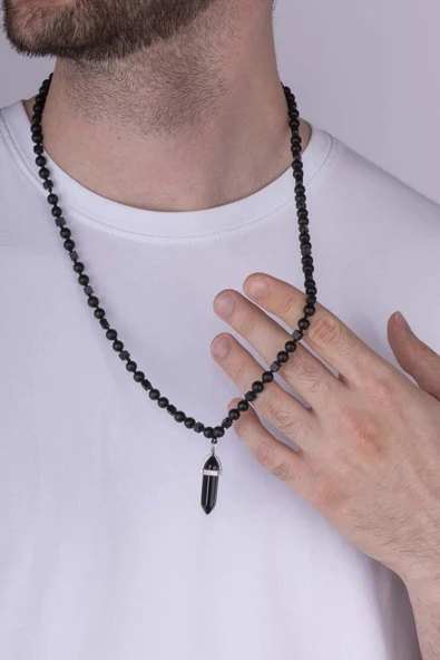 Gümüş Pazarım Oniks Taşlı Yuvarlak Kare Kesim Doğal Taş Erkek Kolye ürün görseli 1