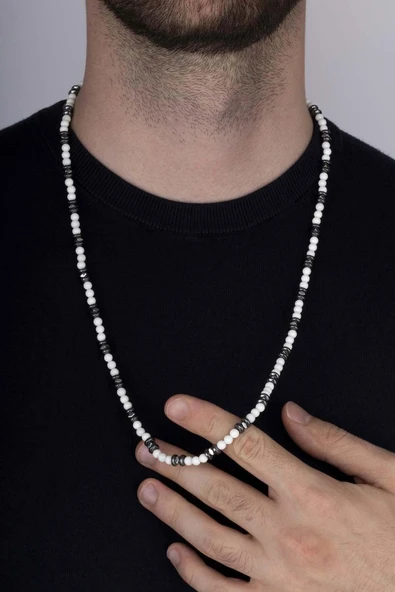 Gümüş Pazarım Sedef Hematit Yuvarlak Kesim Doğal Taş Erkek Kolye ürün görseli 1