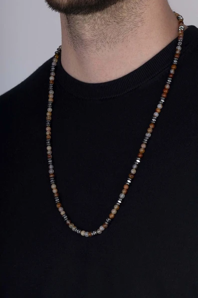 Gümüş Pazarım Hematit Taşı ve Akik Taşı Doğal Taş Erkek Kolye - Resim 3