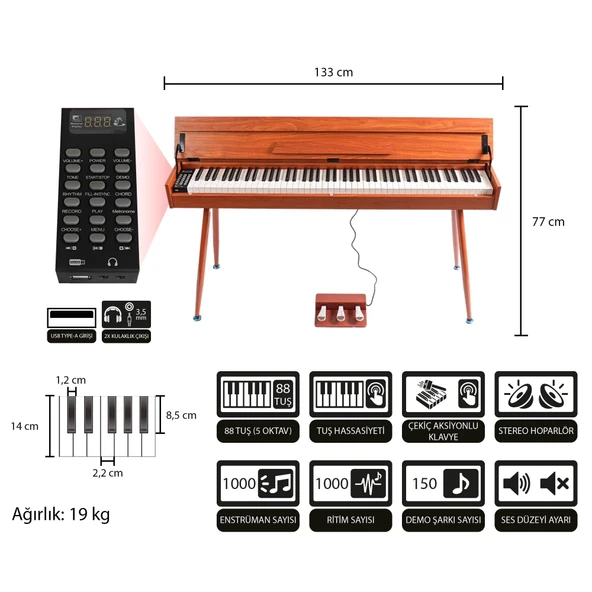 Jwin Sapphire SDP-115 Çekiç Aksiyonlu 88 Tuşlu Dijital Piyano - Kahve - 3
